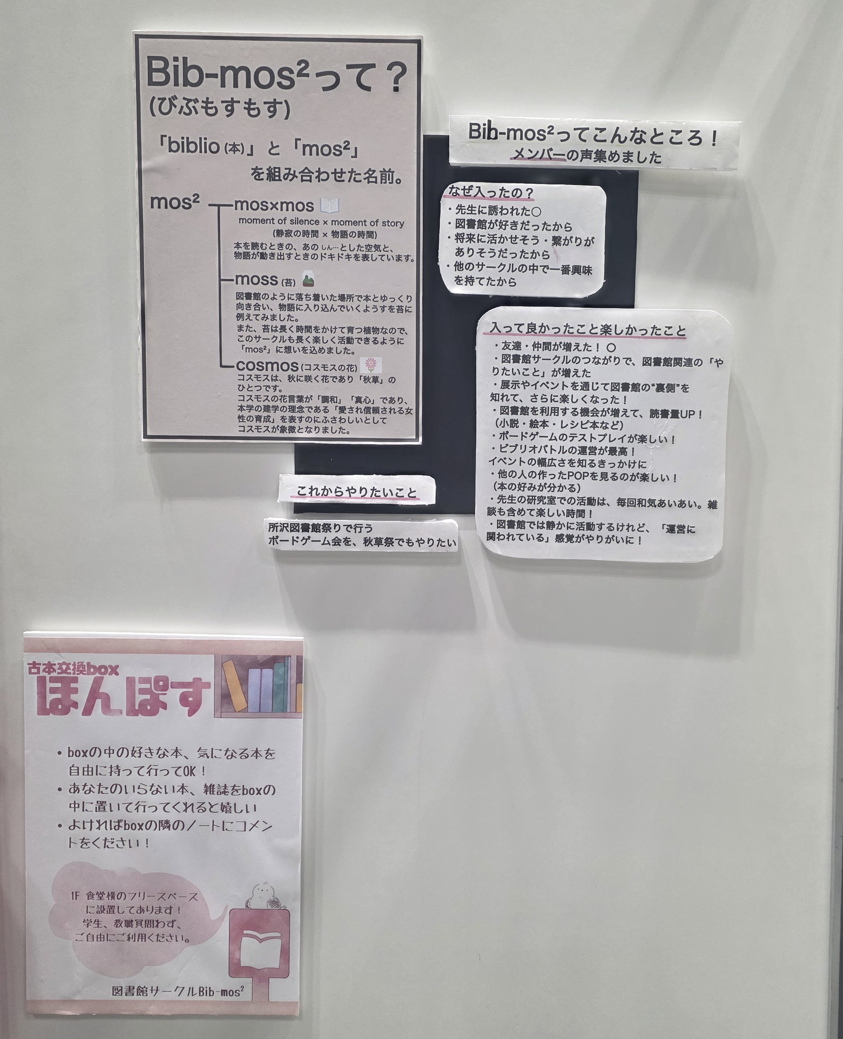 ポスターの右側にも、サークル名の由来などの展示がある