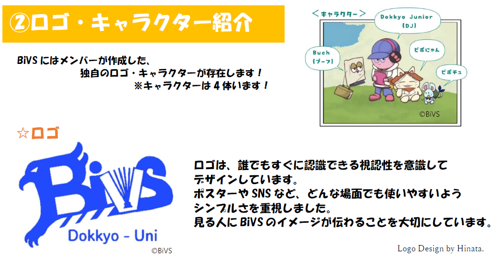 ロゴ、キャラクター紹介。ビボスにはメンバーが作成した、 独自のロゴ、キャラクターが存在します。キャラクターは4体います。ロゴは、誰でもすぐに認識できる視認性を意識して デザインしています。 ポスターやSNSなど、どんな場面でも使いやすいよう シンプルさを重視しました。 見る人にビボスのイメージが伝わることを大切にしています。